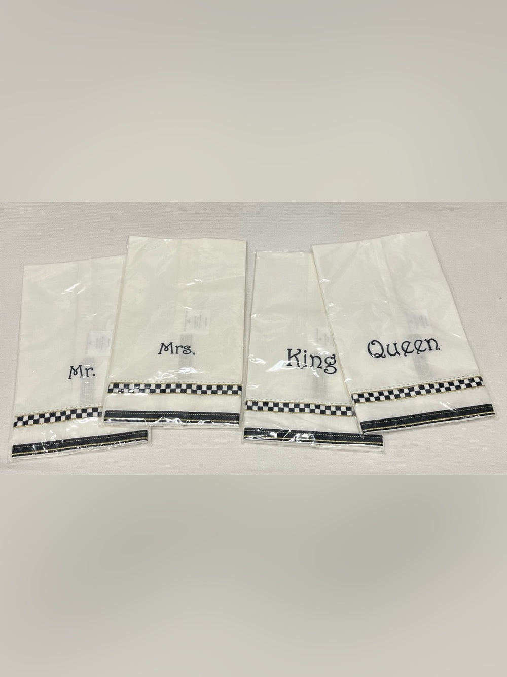 New - Mackenzie Childs KING / QUEEN / MRS / MR cotton/linen guest towel bundle